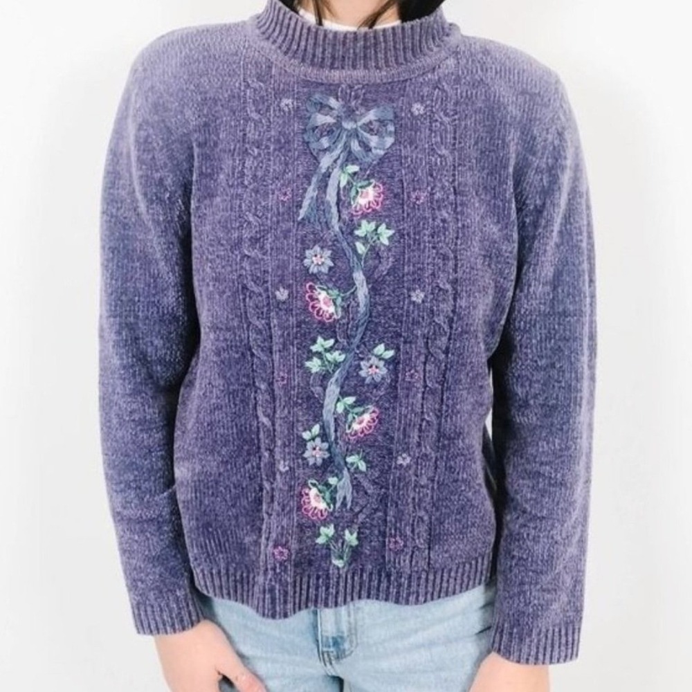 Alfred Dunner Purple Chenille Embroidered Floral Bow CableKnit Sweater Petite XL